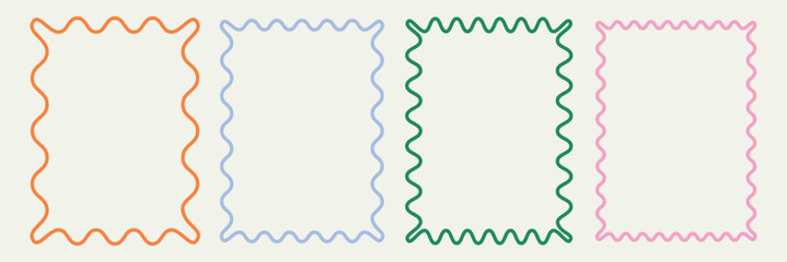 Cute wavy, groovy, colorful vector frames and borders for kids, Rectangle shapes with curvy squiggly doodle lines, fun text boxes. Zig zag wavy edge rectangle frame or border shapes set. EPS 10.