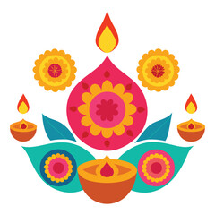 Diwali Celebration with Glowing Diyas, Marigold Flowers, and Rangoli on White Background