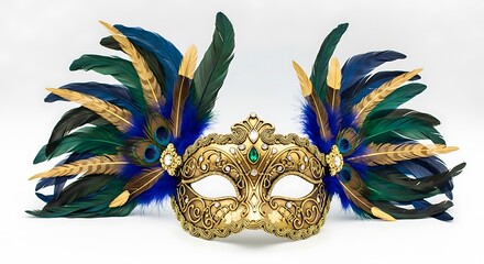 Ornate Gold Masquerade Mask with Feathers for Carnival Celebration.