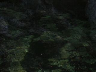 Dark and moody abstract texture of water ripples over a submerged tile floor.