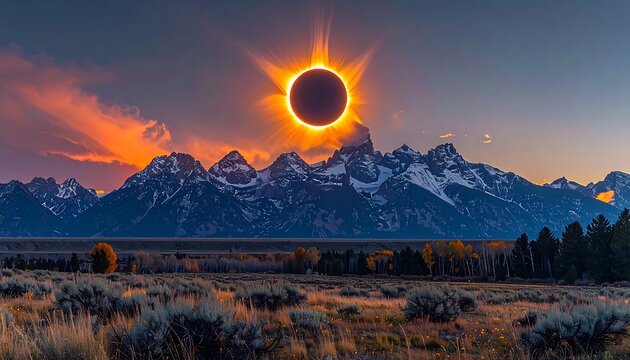A dramatic image of a total solar eclipse hanging above a majestic mountain range at sunset, with colorful skies and foreground - Powered by Adobe