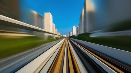Motion-blurred view along elevated train tracks stretching toward a distant city skyline. - Powered by Adobe
