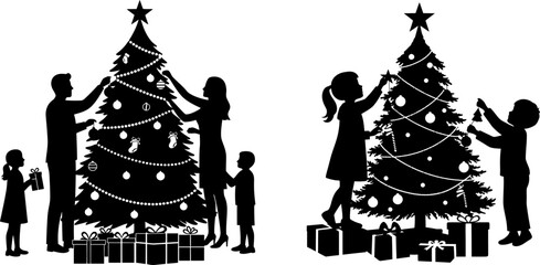 Family Decorating Christmas Tree Silhouette Vector