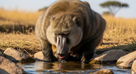 Baboon Drinking Water in the African Savanna - A Close-Up View.