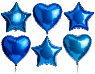 Blue foil balloons in star, round, and heart shapes on isolated transparent backgroun