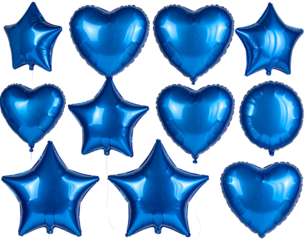 Blue foil balloons in star, round, and heart shapes on isolated transparent background