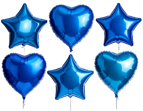 Blue foil balloons in star, round, and heart shapes on isolated transparent backgroun - Powered by Adobe