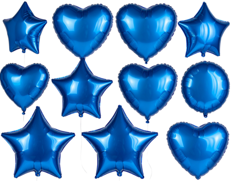 Blue foil balloons in star, round, and heart shapes on isolated transparent background