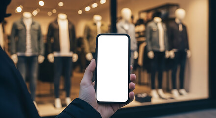 Mobile shopping concept with a blank phone screen for advertising against a retail fashion display