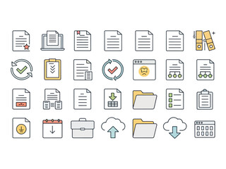 Collection of Colorful Business and Office Icons Representing Documents Folders Cloud Storage and Management Tools for Professional Use