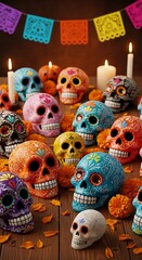 Day of the Dead - Colorful Sugar Skulls and Marigolds.