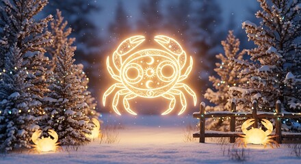 Cancer Zodiac Sign Glowing in Winter Forest Scene.
