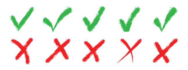 Grunge brush stroke checkmarks with tick and cross symbols. Green and re grunge style Hand drawn tick and cross, x mark, yes no buttons. Vector illustration.