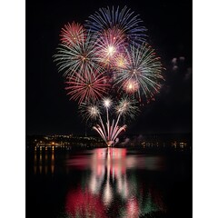 Spectacular Fireworks Display Over Water Reflecting in the Night Sky.