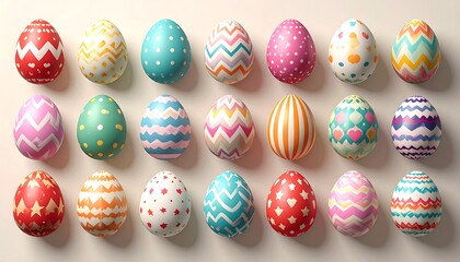 A collection of vibrant, patterned eggs, artfully arranged. Each one features unique designs, textures and colors, casting soft shadows on a beige surface