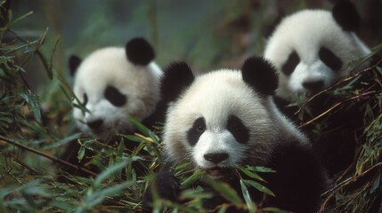Fototapeta premium Three adorable giant pandas eating bamboo in their natural habitat.
