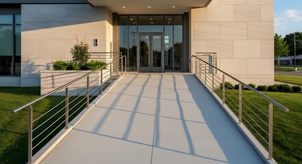 Accessible Entrance to a Modern Building with Ramp and Glass Doors.
