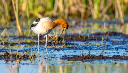 A shorebird with an orange head and white body stands in shallow water with its long, thin legs. The bird's beak curves downwards