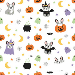 Fototapeta premium A seamless Halloween pattern featuring a cute French Bulldog, and a Halloween texture background showcasing a friendly small French Bulldog