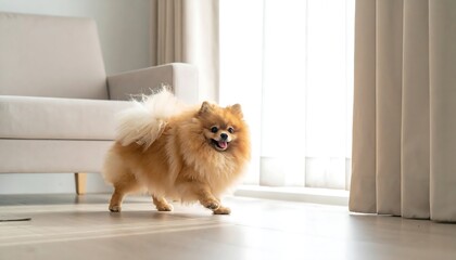 A fluffy, tan-colored canine with a cheerful expression walks across a light wooden floor near a window and beige furniture. Sunlight streams in