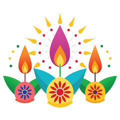 Diwali Fireworks with Glowing Diyas and Mandala Patterns on White Background