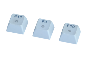 Three Keyboard Function Keys F11, F9, and F10 Close-Up Isolated on White Background