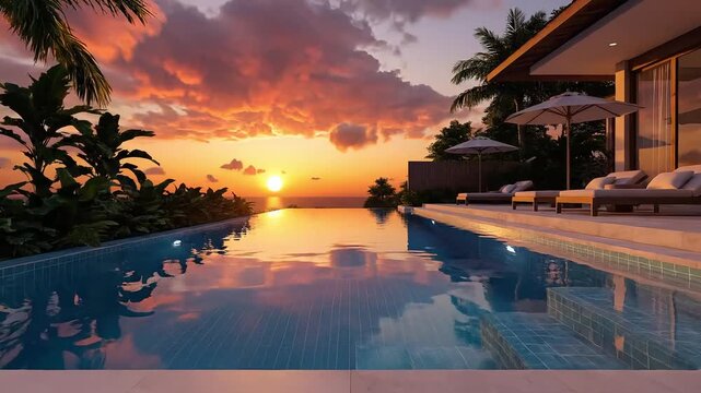 Luxurious infinity pool overlooking a breathtaking ocean sunset with vibrant tropical foliage.