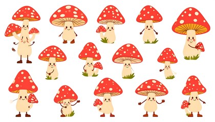 A collection of cartoon mushroom illustrations featuring red caps with white spots and expressive faces. They have arms and legs