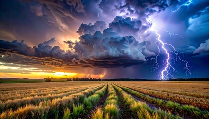 A dramatic landscape features an illuminated field with rows, a stormy sky, and a colossal lightning strike over the horizon at sunset