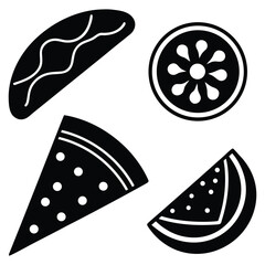Minimalist Taco, Pizza Slice, and Hotdog Icons Vector on White Background