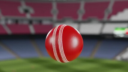 Dynamic cricket ball action on vibrant green field, professional sports equipment for competitive cricket game, capturing movement and excitement - Powered by Adobe
