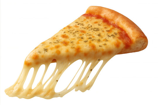 Pizza slice with melted cheese stretching, mozzarella pull, fresh italian food, transparent background