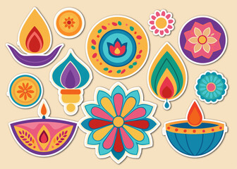 Colorful Diwali Stickers Decorative Lamps and Floral Designs for Festive Celebrations and Cultural Events