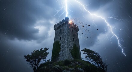 Dramatic Lightning Strike on Ancient Tower Under Stormy Sky, Dark and Ominous.