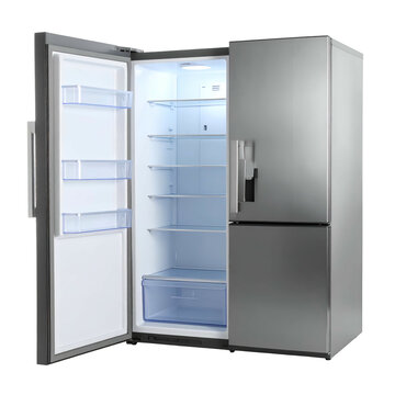 Stainless steel fridge with one door open, revealing shelves and a cool interior