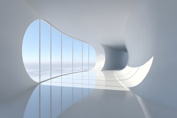 Modern architectural interior with curved walls and large windows overlooking a bright sky