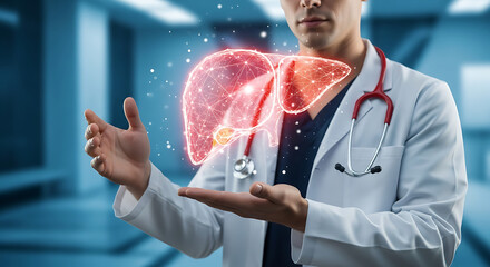 Medical professional presenting a holographic liver, showcasing health and medical advancements