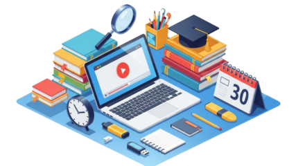 Laptop Books Magnifying Glass Graduation Cap Clock Calendar isolated on a transparent background