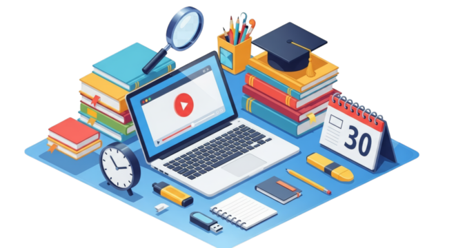 Laptop Books Magnifying Glass Graduation Cap Clock Calendar isolated on a transparent background - Powered by Adobe