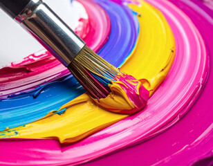 Fototapeta premium Creative process of an artist mixing vibrant, colorful paint with a brush.