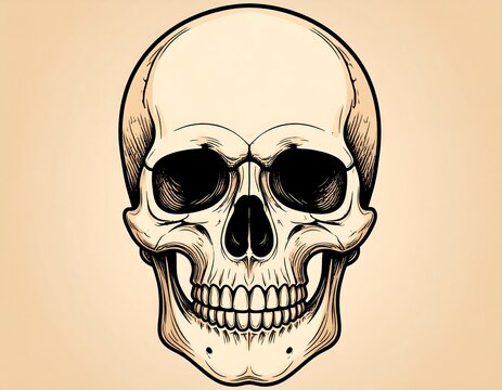 A detailed line art depiction of a human skull, showcasing the eye sockets, nasal cavity, teeth, and the bony structure