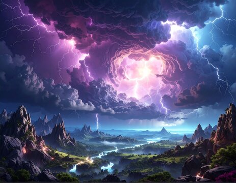 A dramatic landscape featuring a swirling storm with vibrant lightning bolts illuminating majestic mountains and a winding river below - Powered by Adobe