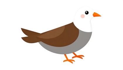 A simplified vector illustration depicts a small bird with brown wings and back, a gray underbelly, and a white head and neck. It features an orange beak and feet
