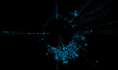 Digital circles of blue glowing dots. Information particles in a neural network. Big data visualization into cyberspace. Vector illustration.