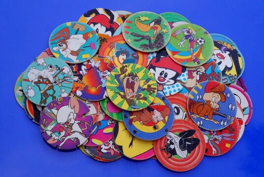 Salvador, Brazil - May 20, 2025: Tazos Collection. Tazos from Elma Chips. 