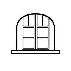 Minimalist Arched Window Icon with Six Panes and Sill, Black Outline on White Background, Flat Vector Style