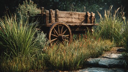 Rustic wooden cart with weathered textures in a serene meadow, evoking nostalgia and a sense of history in a natural setting