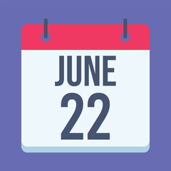 22 June Calendar. Blue Background. Isolated Vector Calendar.