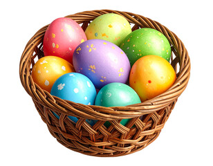 colorful easter eggs in a basket on a transparent background