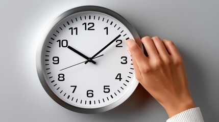 Close-up of a classic round wall clock with hands adjusting the time